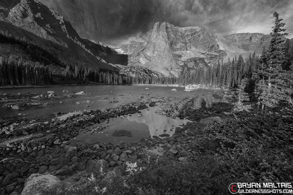 two rivers lake rmnp colorado sunrise black and white